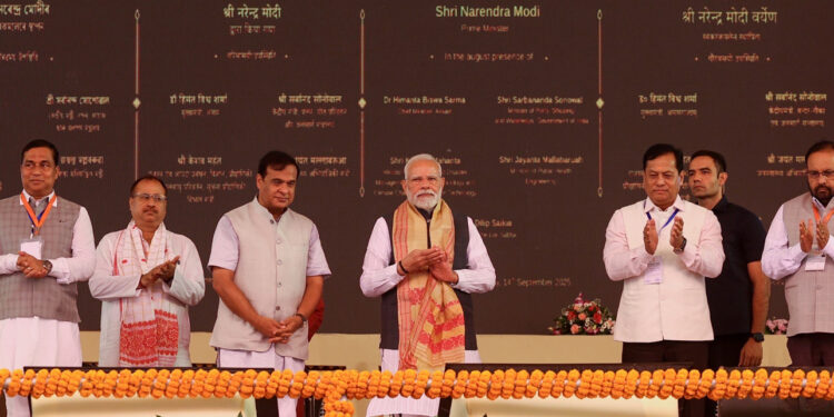 PM inaugurates and lays foundation stone of multiple development projects at Darrang, in Assam on September 14, 2025.