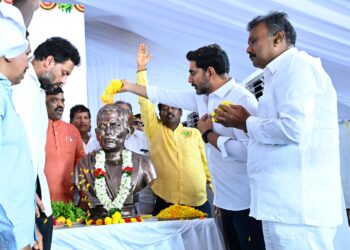 Lokesh lays foundation for Potti Sriramulu Memorial and Auditorium in Amaravati