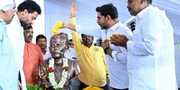 Lokesh lays foundation for Potti Sriramulu Memorial and Auditorium in Amaravati
