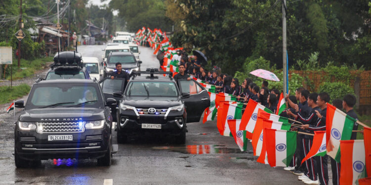 PM receives warm welcome by enthusiastic crowd during the Grand Road Show on his arrival at Churachandpur, in Manipur on September 13, 2025.