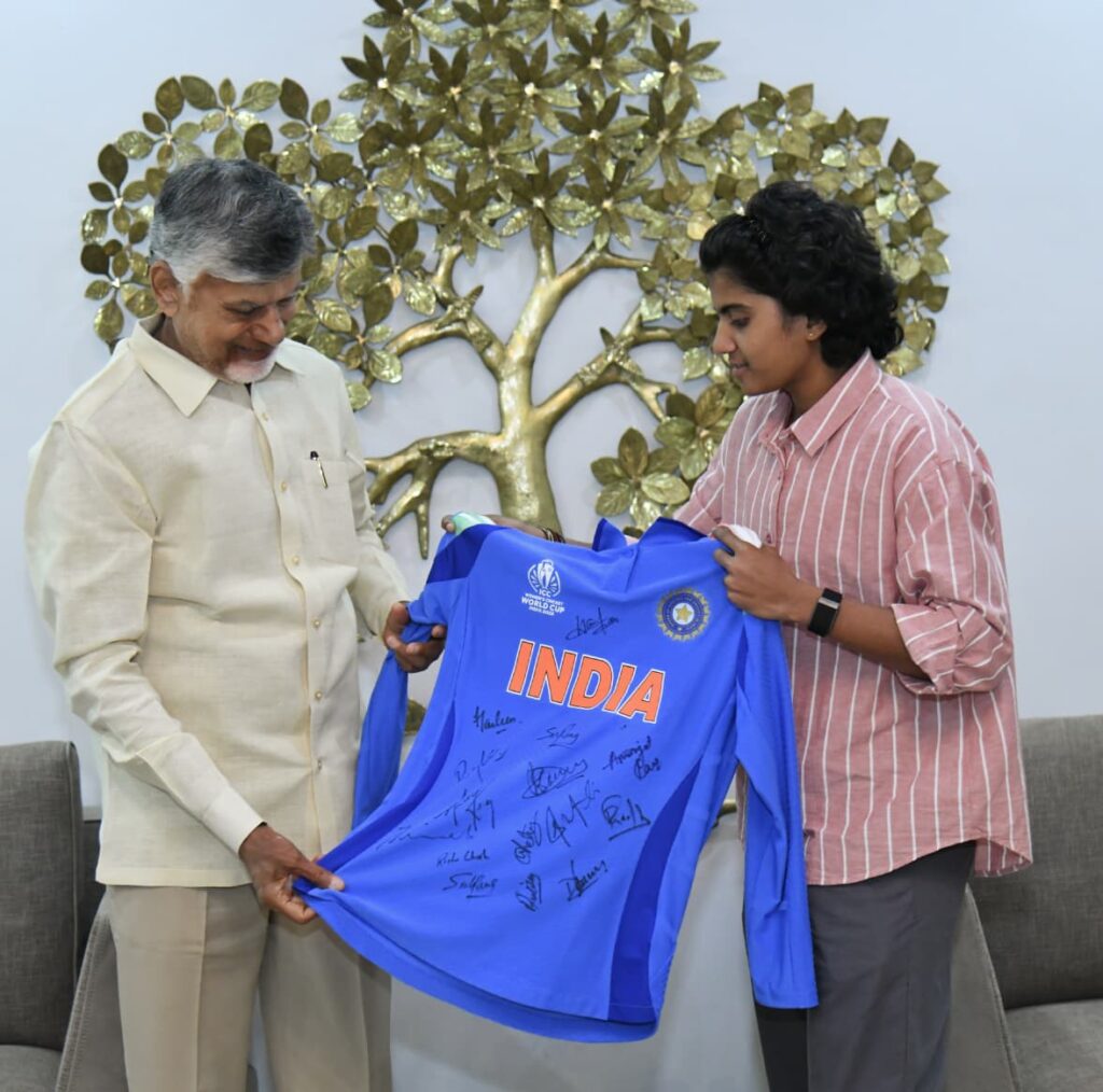 Sree Charani presented a signed world cup jersey to Chief Minister N Chandrababu Naidu