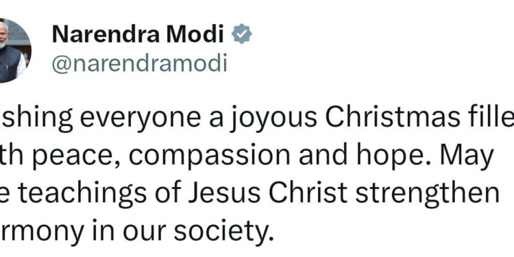 PM Modi Extends Christmas Wishes, Calls for Peace and Harmony