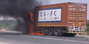 a deadly road accident in rayachoti left one man dead after a container hit a bike and caused a fire, echoing the recent kurnool bus tragedy.