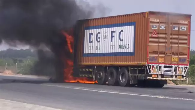 a deadly road accident in rayachoti left one man dead after a container hit a bike and caused a fire, echoing the recent kurnool bus tragedy.