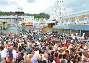 Devotees waiting in long queues for darshan at Tirumala temple