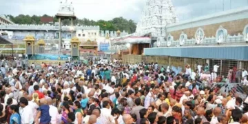 Devotees waiting in long queues for darshan at Tirumala temple