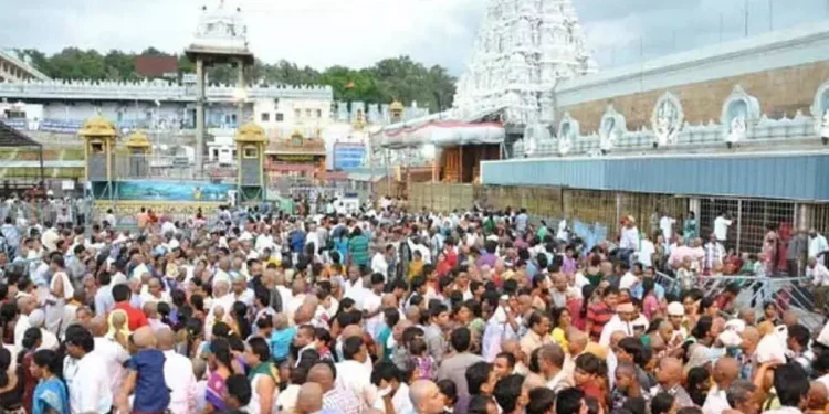 Devotees waiting in long queues for darshan at Tirumala temple