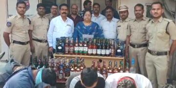 excise police arrest five in hyderabad for selling fake liquor in branded bottles, seize goods worth ₹8 lakh.