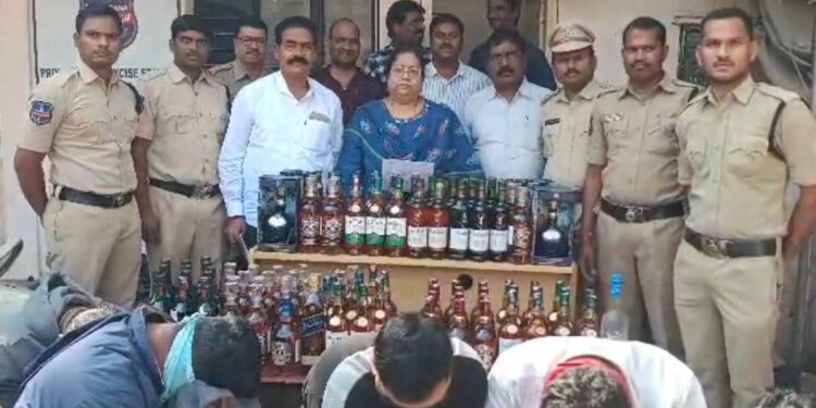 excise police arrest five in hyderabad for selling fake liquor in branded bottles, seize goods worth ₹8 lakh.