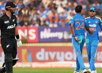 in the first odi, daryl mitchell’s 84 and half-centuries by conway and nicholls help new zealand post 300/8, setting a big target for india.