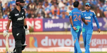 in the first odi, daryl mitchell’s 84 and half-centuries by conway and nicholls help new zealand post 300/8, setting a big target for india.