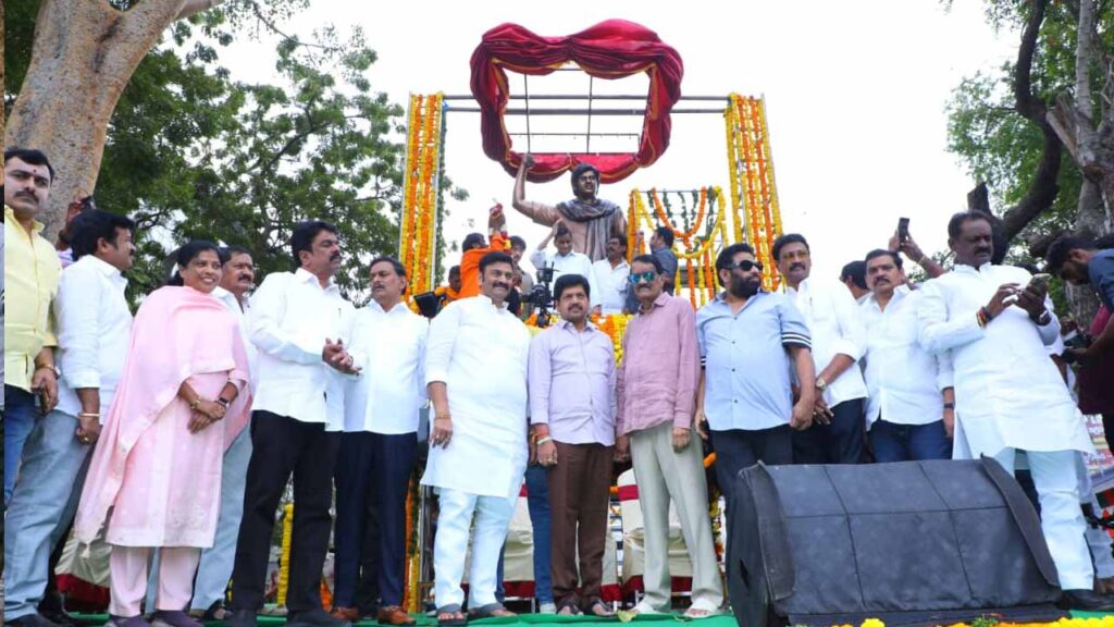 superstar krishna statue unveiled at vijayawada lenin center as film and political leaders pay tribute to the legendary actor.