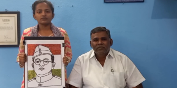 Netaji Portrait With 3,330 Rangoli Stones in Nandyala