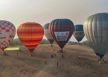 hot air balloon festival starts near golconda fort as minister jupally krishna rao enjoys a scenic balloon ride in hyderabad.