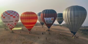 hot air balloon festival starts near golconda fort as minister jupally krishna rao enjoys a scenic balloon ride in hyderabad.