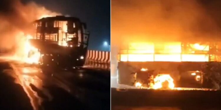 a private travels bus caught fire on kovvur flyover in ap due to short circuit. alert driver saved all passengers.