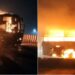 a private travels bus caught fire on kovvur flyover in ap due to short circuit. alert driver saved all passengers.