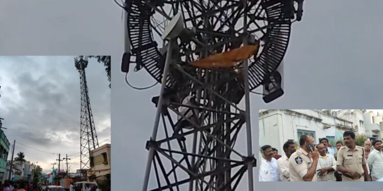 TDP activist Lakshmi Narayana protesting atop BSNL tower in Anantapur