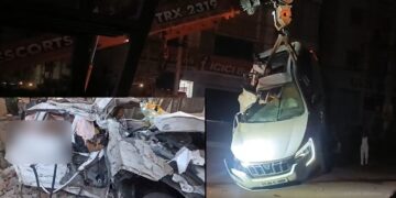 Crushed car after fatal road accident near Medipally flyover