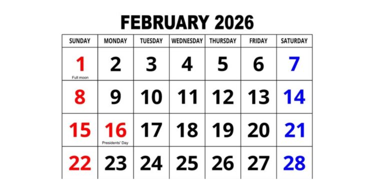 February 2026 calendar showing four Sundays four Mondays and all weekdays evenly distributed