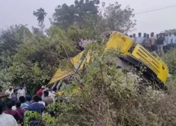 khammam road accident: school bus overturns, 20 injured