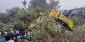 khammam road accident: school bus overturns, 20 injured
