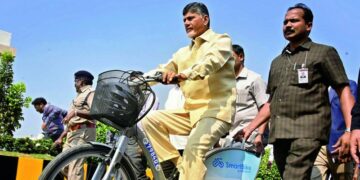 Chandrababu Naidu riding an e-cycle during Guinness record rally in Kuppam Chittoor district