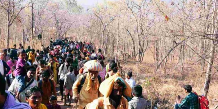 Karnataka devotees walking to Srisailam Mallikarjuna Swamy temple