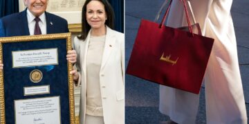 donald trump gifts a mysterious red bag to maria machado at the white house. what’s inside the iconic trump red bag?