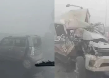up road accident: dense fog causes a multi-vehicle crash on delhi-lucknow highway nh-9, injuring 12 people.