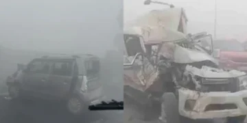 up road accident: dense fog causes a multi-vehicle crash on delhi-lucknow highway nh-9, injuring 12 people.