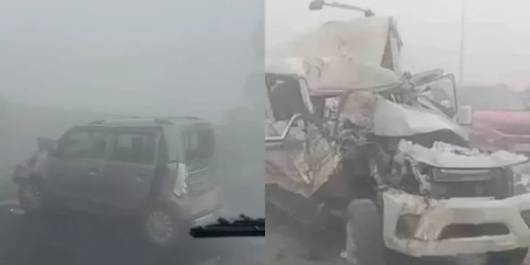 up road accident: dense fog causes a multi-vehicle crash on delhi-lucknow highway nh-9, injuring 12 people.