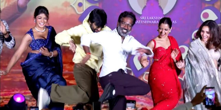 ravi teja’s teenmar dance with director and heroines at pre release event goes viral ahead of sankranthi release