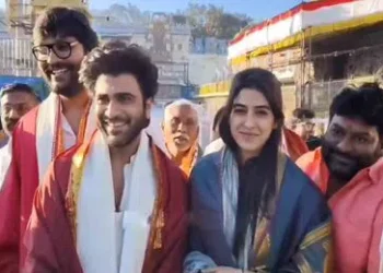 Sharwanand and Sakshi Vaidya offer prayers at Tirumala after the success of naari naari naduma murari film.