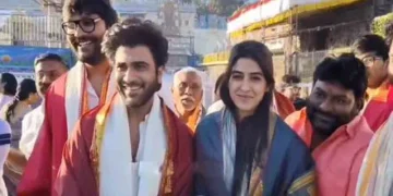 Sharwanand and Sakshi Vaidya offer prayers at Tirumala after the success of naari naari naduma murari film.