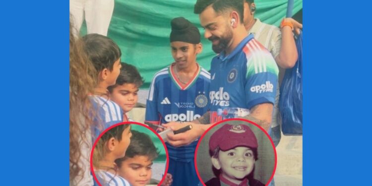 a young boy who looks exactly like virat kohli was spotted among fans in vadodara. photos and videos of mini kohli are now going viral.