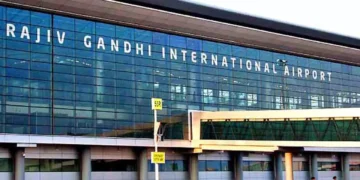 Security personnel inspecting aircraft at Rajiv Gandhi International Airport