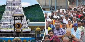 Devotees waiting in queues at Tirumala temple for darshan