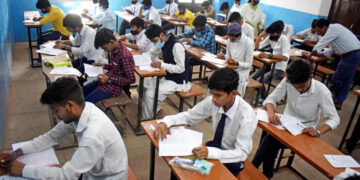 Students entering AP Intermediate exam centre under CCTV surveillance