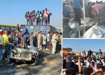 Mangled car after collision with container near Chittoor