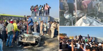 Mangled car after collision with container near Chittoor