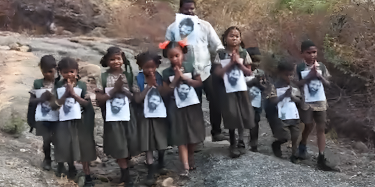 Tribal children protesting for road access in Vizianagaram