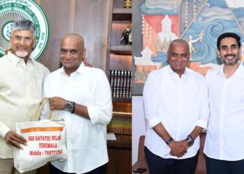 Bandla Ganesh presenting Tirumala prasadam to CM Chandrababu Naidu