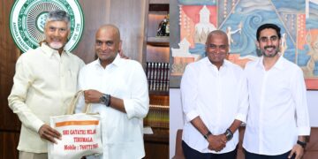 Bandla Ganesh presenting Tirumala prasadam to CM Chandrababu Naidu