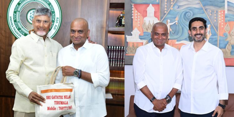 Bandla Ganesh presenting Tirumala prasadam to CM Chandrababu Naidu