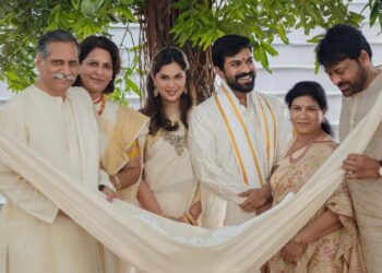 Ram Charan and Upasana with twins Shivaram and Anveer Devi at naming ceremony