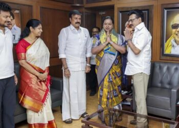 M K Stalin and Premalatha Vijayakant during DMK DMDK alliance meeting in Chennai