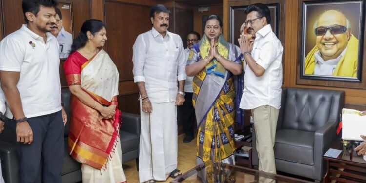 M K Stalin and Premalatha Vijayakant during DMK DMDK alliance meeting in Chennai