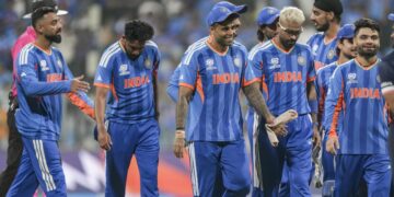 India celebrate victory against USA in T20 World Cup 2026 match