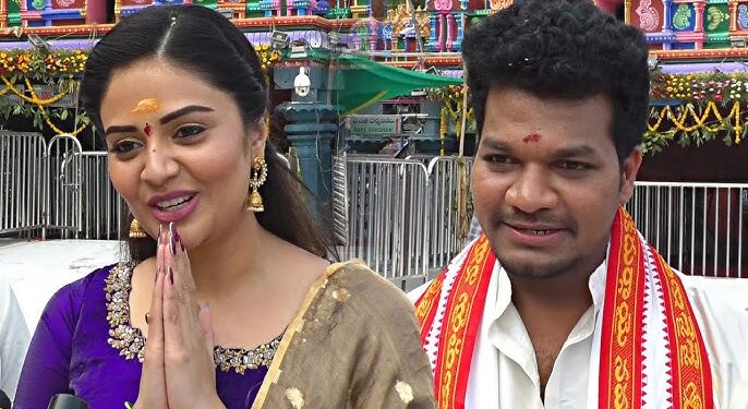 Srimukhi Mukku Avinash RJ Chaitu offering prayers at Tirumala